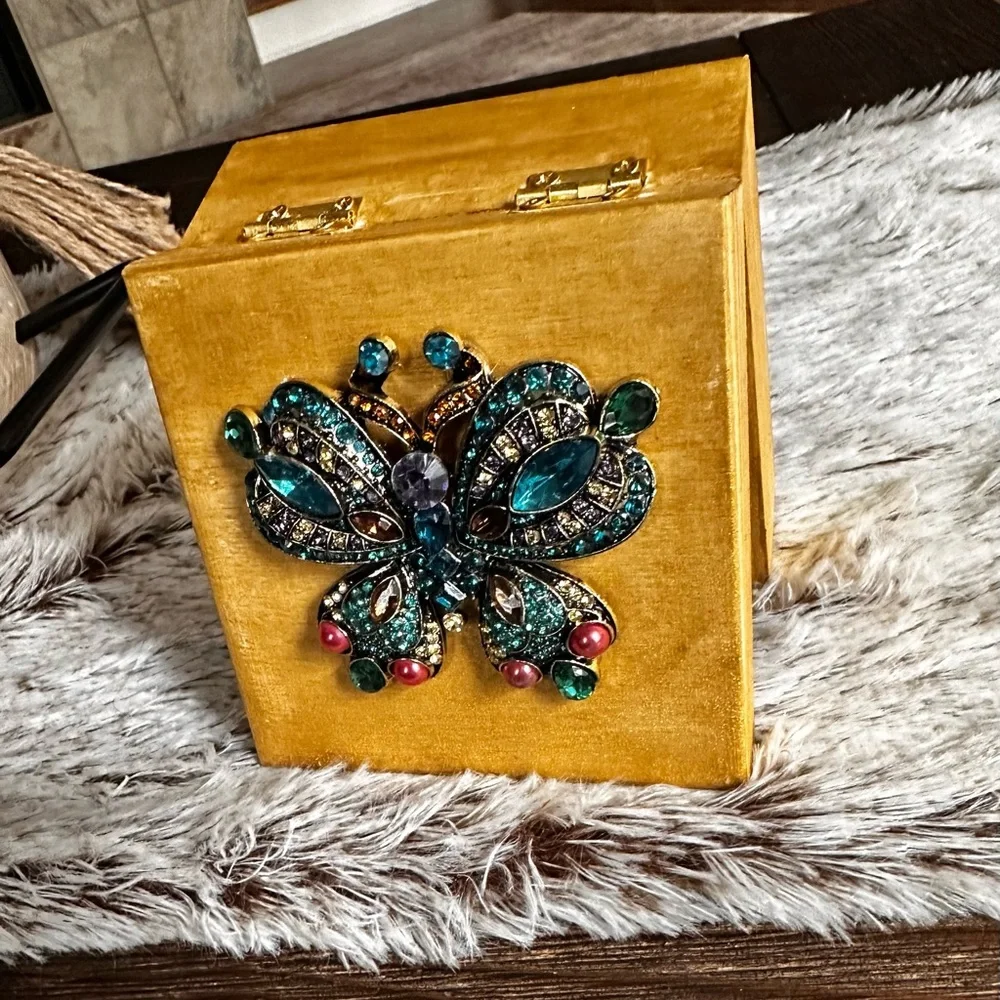 Hand crafted gold wooden trinket box with jeweled butterfly lid